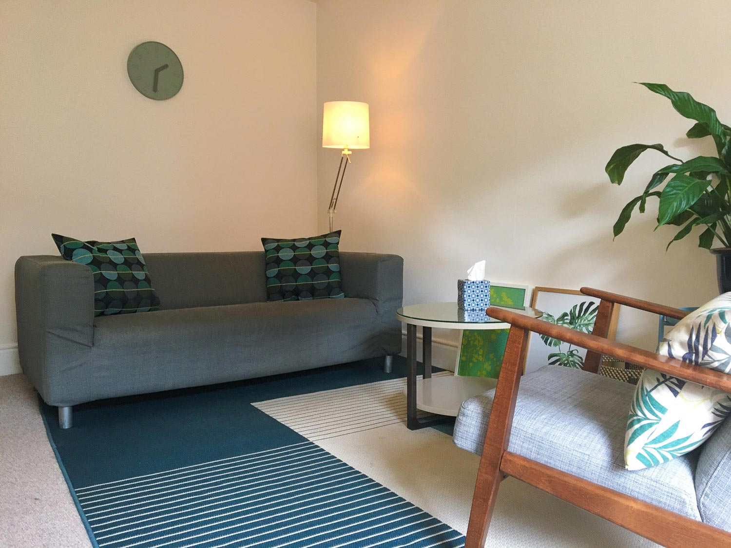 A calm, comfortable counselling room at The Iveagh Practice, Dublin 2